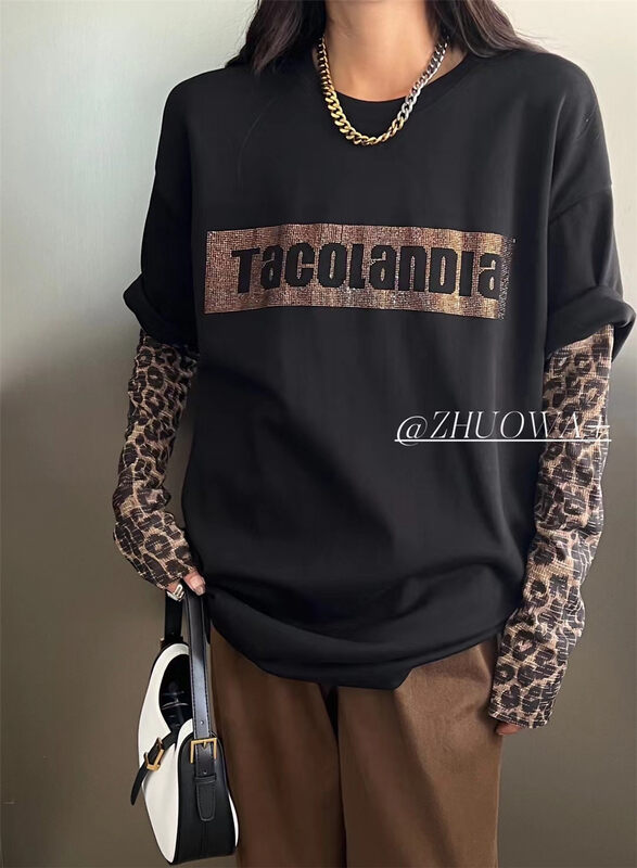 New in autumn! [Strictly selected by buyers - Zhuowa] Fashionable letter leopard print fake two-piece long-sleeved T-shirt 2597# CL