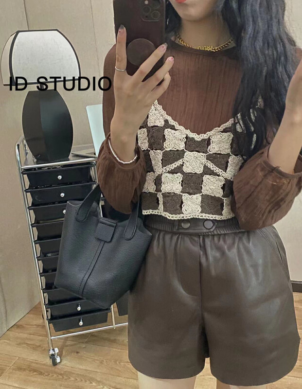 【I-D】Korean Simple Solid Color Sunscreen Top + Contrast Color Plaid Vest Set 89881# L