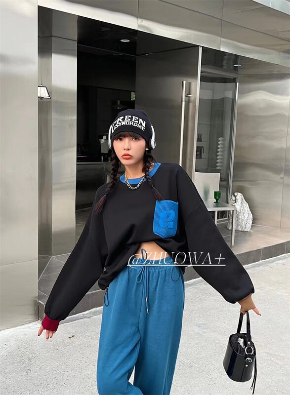 Autumn models are new! [Strictly selected by buyers - Zhuowa] Contrast color neckline single-pocket loose sweater 5101# CL