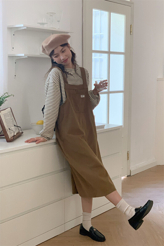 Autumn is new! [Timely rain] Korean striped long-sleeved T-shirt + split age-reducing strap skirt two-piece suit 05945# WPL