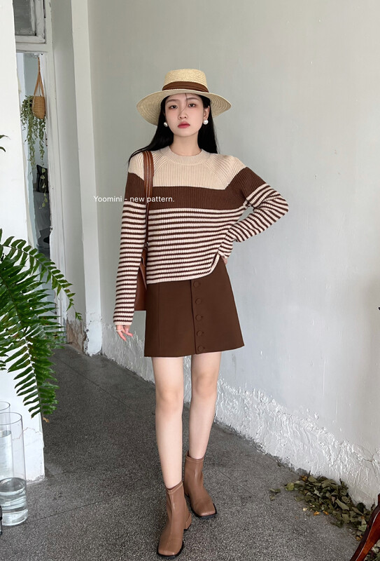 New in autumn! [YOOMINI] round neck pullover color block knitted sweater Q13688-S# WPL