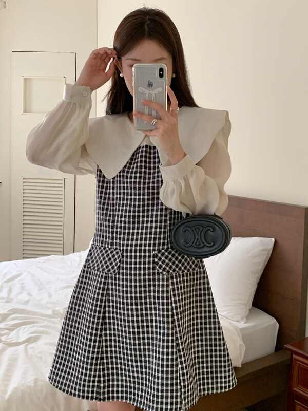 New in autumn! [Timely rain] Korean style ins retro temperament design sense plaid high waist slim fake two-piece dress 46529# WPL