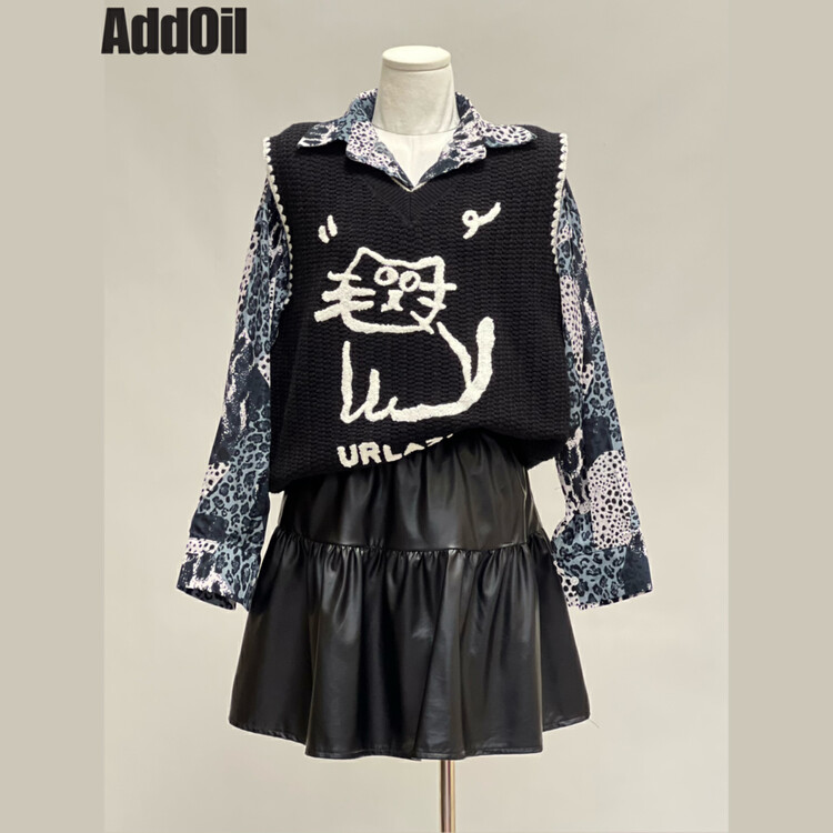 New in autumn! [ADDOIL] Jacquard cat V-neck loose vest 8867-1# ZXL