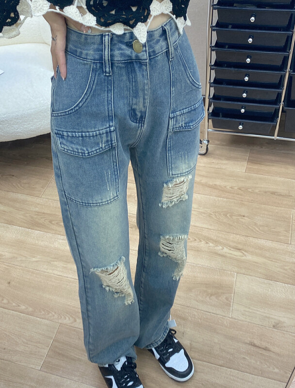 New in early autumn! [I-D] Korean straight ripped jeans YS2017# L