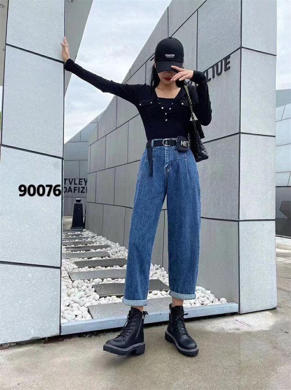Autumn is new! [OKD] Japanese all-match thin loose wide-leg jeans (with waist bag) 900760# GY