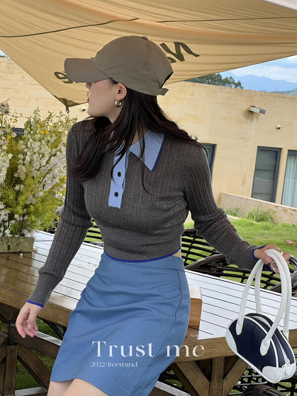 【TRUSTME】Colorblock Polo Collar Knit Sweater 40138