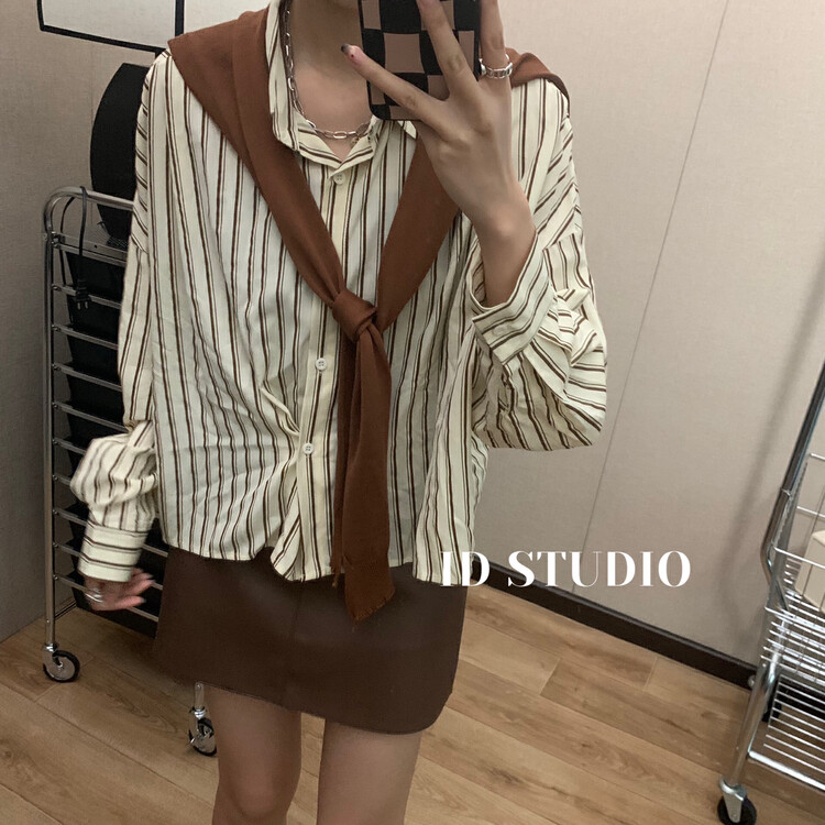 Autumn is new! [I-D] Korean slash shawl striped shirt (with shawl detachable) 6092# L