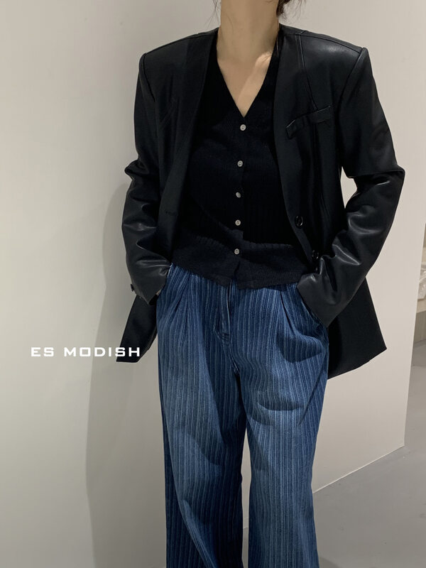 【ES MODISH】Korean style leather suit with borderless collar JK1898# CQW