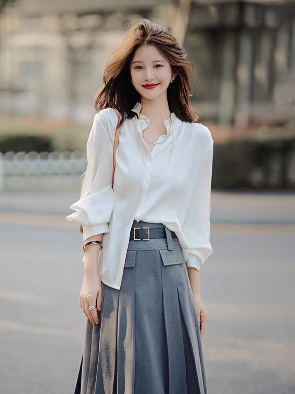 New in autumn!  【KIKI STUDIO】Commuting Simple Fungus Side Collar Shirt 6566# HJY