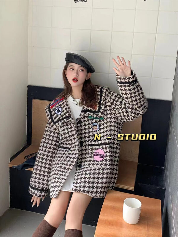 New in autumn! [N] Houndstooth long-sleeved plaid embroidered short coat Q225# WTT