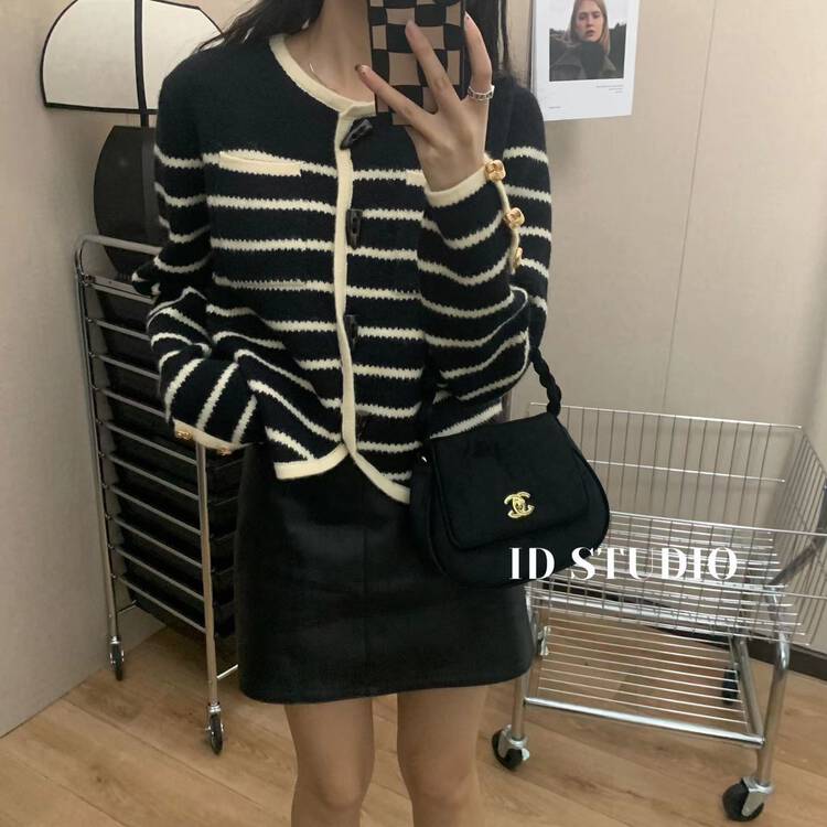 New in autumn! [I-D] Korean version of all-match striped comfortable knitted cardigan (only cardigan) 3191# L