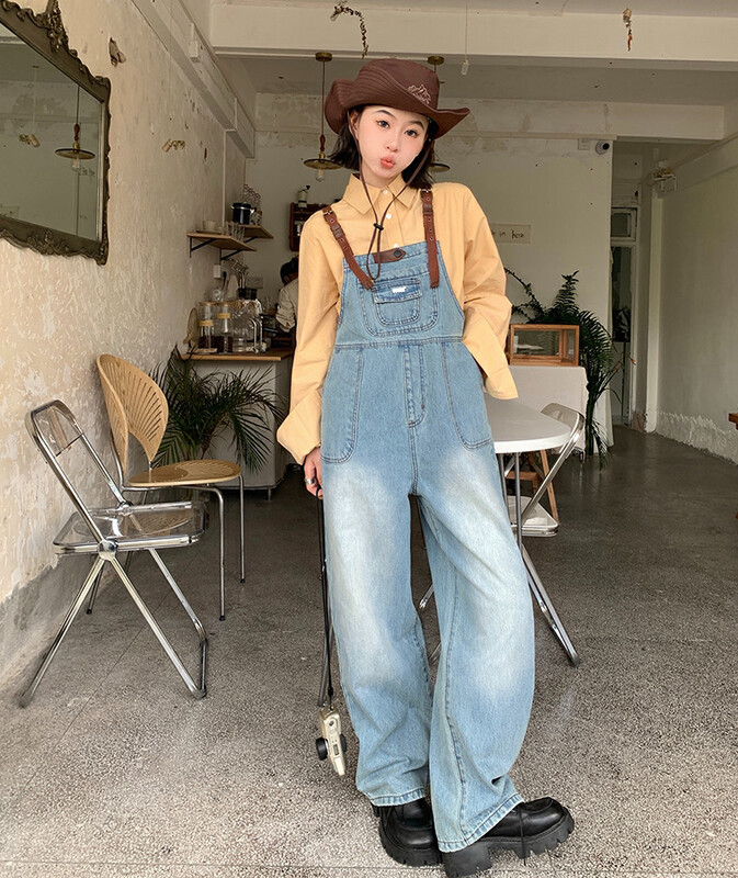 New in early autumn! [Timely rain] Korean style ins retro design sense brown leather buckle washed loose age-reducing wide-leg denim overalls 50125# WPL