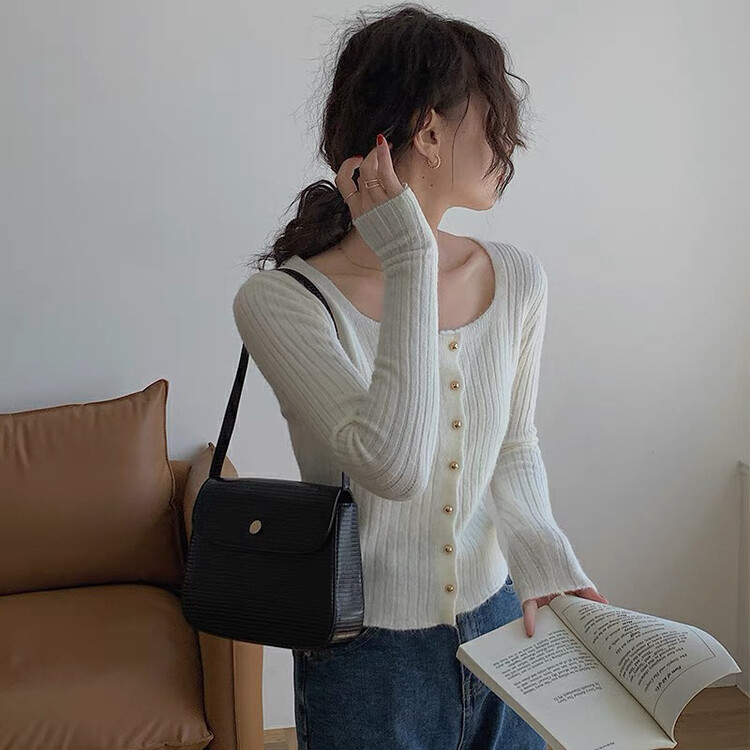New in autumn!【KIKI STUDIO】Square neck single-breasted all-match corespun knitted sweater 6540# HJY