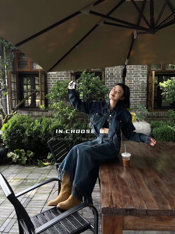 Early autumn new [IN.CHOOSE U] fashion trend denim jacket + skirt suit (with belt) 69357# CQW