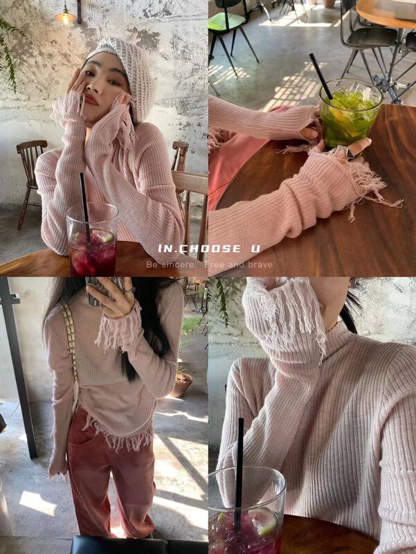 Autumn is new!【IN.CHOOSE U】Solid color fringed design all-match knitted sweater 67317# CQW