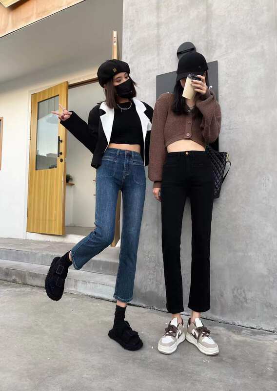 Autumn is new! [OKD] Front pocket design, leather card, straight tube, slim and versatile jeans 52812# GY