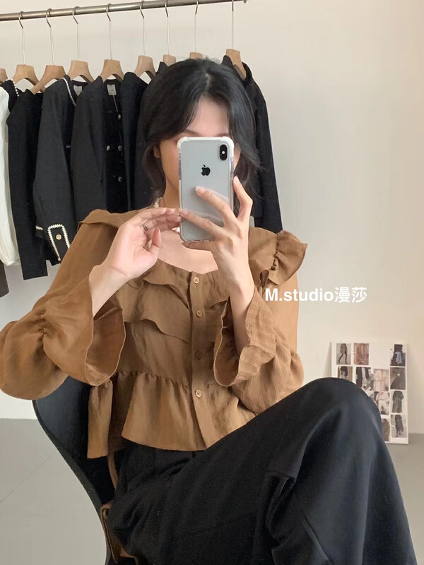 New in autumn! [MSTUDIO Mansha] Gentle and versatile square collar lotus leaf shirt t323# HBX