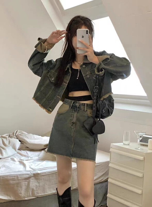 New in autumn! [MI] Fashion denim jacket + slim skirt two-piece suit 1527# PCZ
