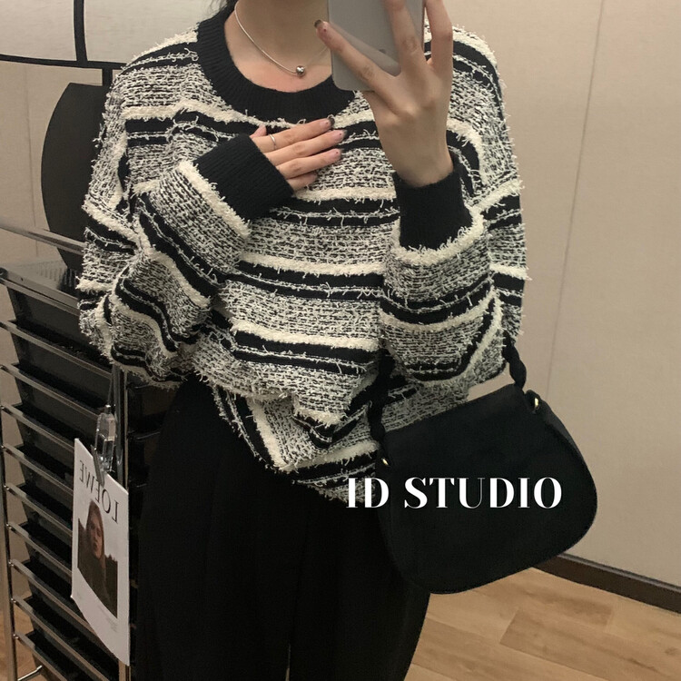 New in autumn! [I-D] Korean version round neck all-match striped warm sweater 3195# L