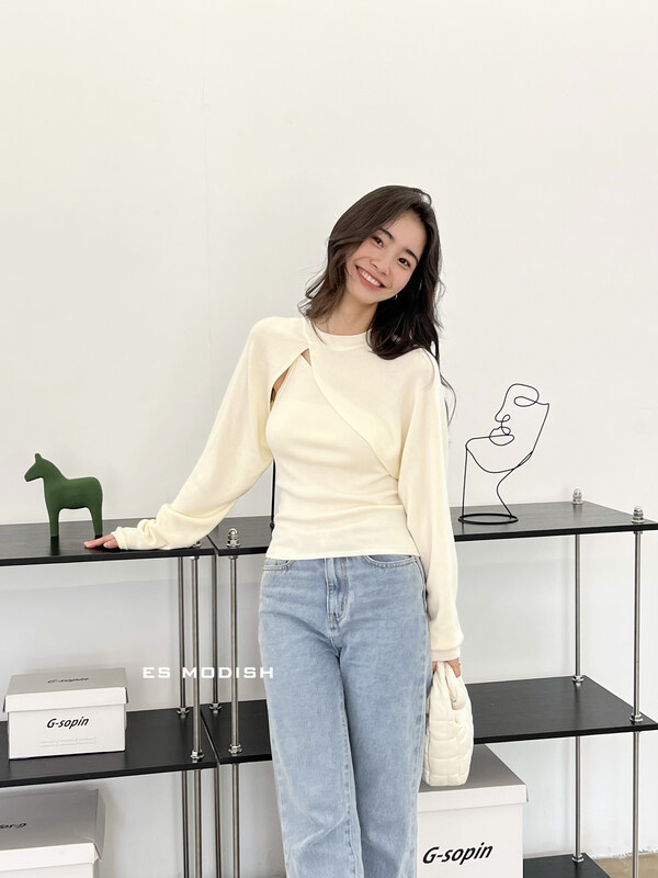 New in autumn!【ES MODISH】Irregular bevel design knitted sweater + camisole suit SET1862# CQW