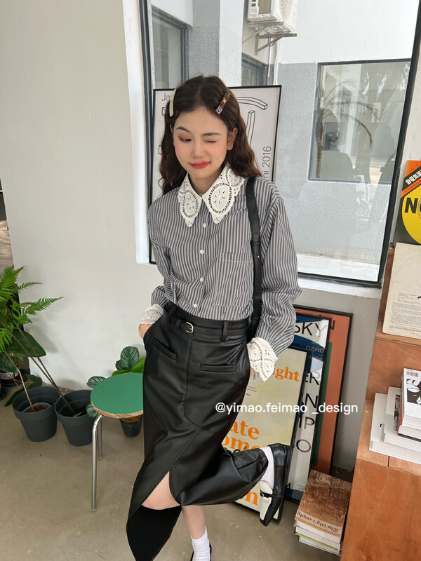 【FEI MAO】Korean High Waist Split Leather Skirt Yujie Fashion Versatile Mid Length Skirt Skirt (with Belt) Z-8566# CQW