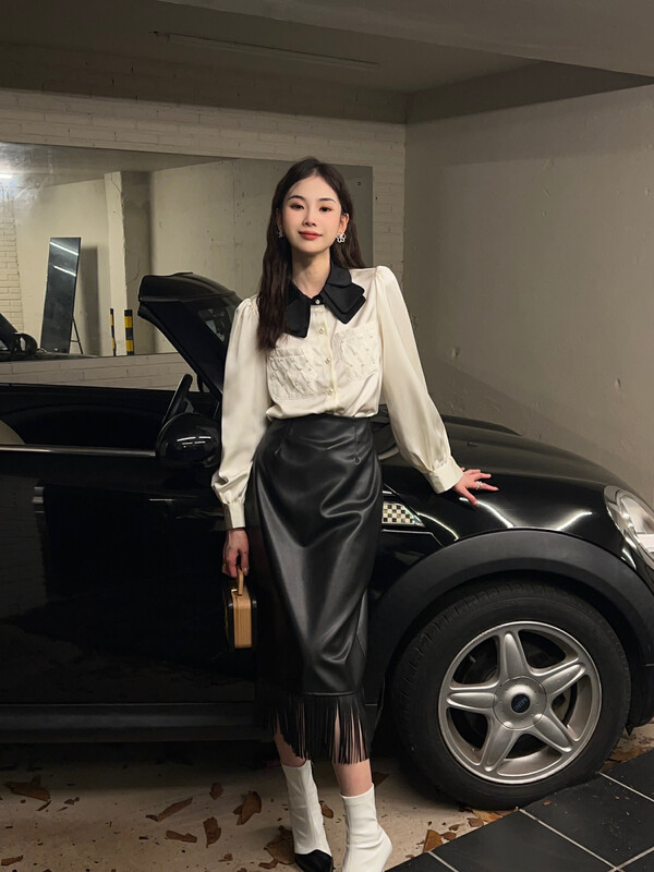 [FEI MAO] Autumn new French style contrast color doll collar long sleeve sweet all-match small shirt shirt Z-8464