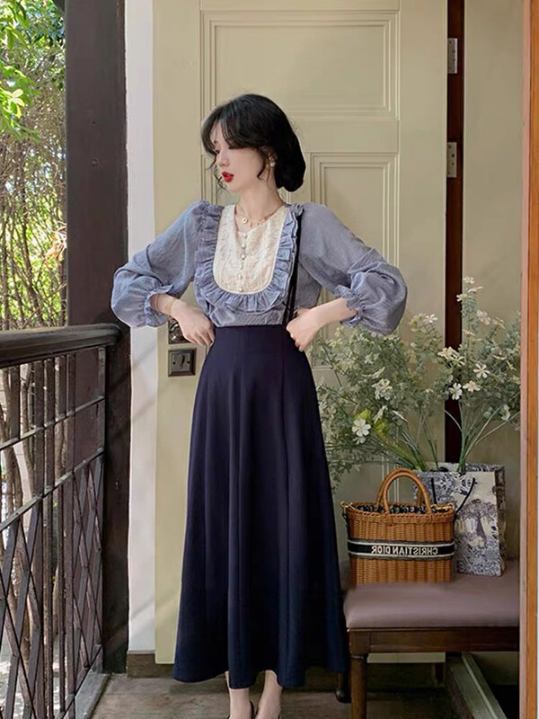 New Autumn Styles!【KIKI STUDIO】Celebrity Lace Shirt + Strap Dress Set 6642# HJY