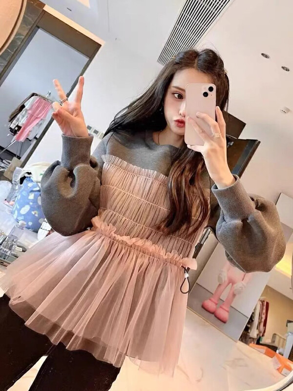 New in autumn!【KIKI STUDIO】Korean fashion mesh stitching design sweater 6545# HJY