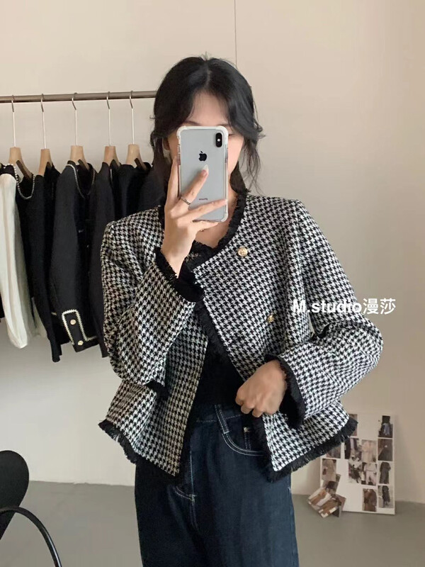 New in autumn! [MSTUDIO Mansha] Houndstooth small fragrance double-breasted short coat c1068# HBX