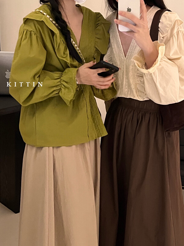 【KITTIN】Korean style cotton V-neck lace shirt 8622FW
