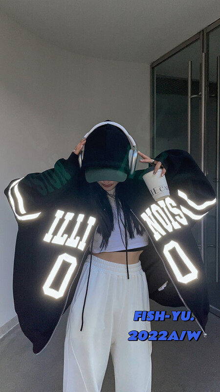 [FISH YU] Fried Street Style 3M Reflective Appliqué Embroidered Composite Fabric Hooded Sweater Short Jacket 22535