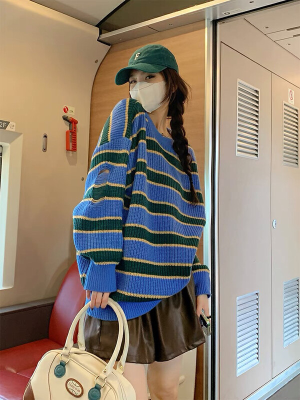 New in autumn! [LAB EEDA] Fashion casual striped hole design warm sweater M85366# OZQ