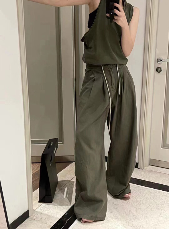 [RAINBOW] Popular open-line design drawstring wide-leg pants casual pants 02115