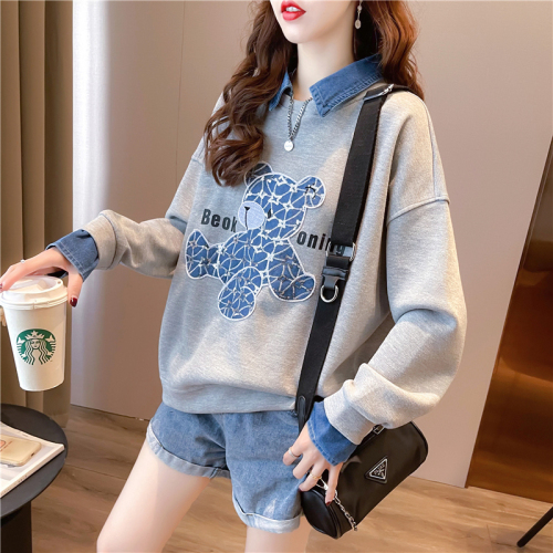 Real shot autumn and winter new Korean version 330g retro can not ball round neck cartoon loose large size plus velvet sweater women