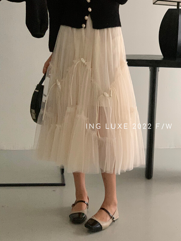 [ING] High-waisted slim mesh fairy skirt 8153