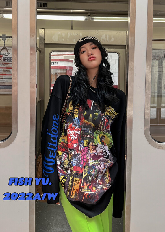 [FISH YU] Tide brand graffiti poster collage 3D direct printing short-sleeved T-shirt 22506