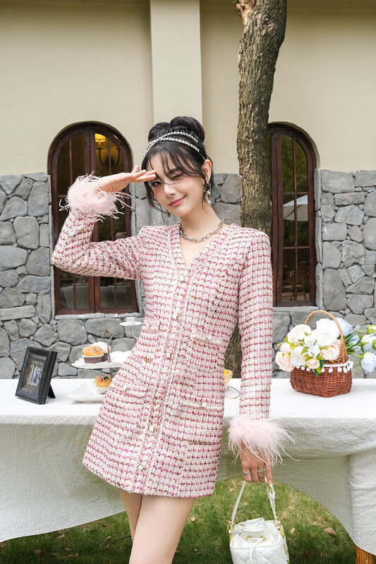 【ALALA EMELIA】Nice Haute Couture Small Fragrance Powder Woven Fabric Patchwork Feather Slim Fit Dress L1925A# JHY