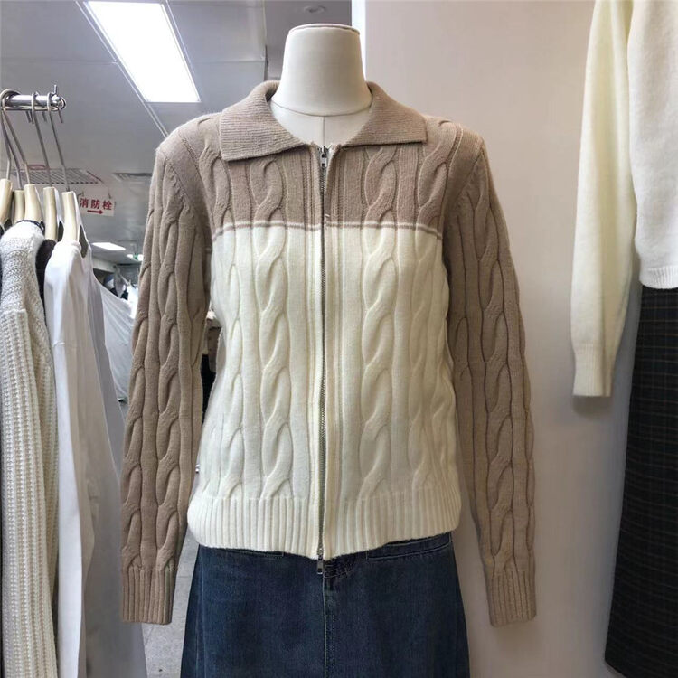 New in autumn!【SUSAN】Contrast color lapel zipper design knitted sweater 81776# LSW