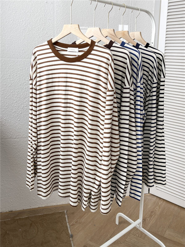 Early autumn new style! [SANBARA] casual round neck loose striped long-sleeved T-shirt 9696# LSW
