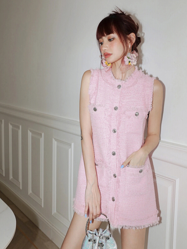 【ALALA EMELIA】Nice design high-end small fragrance pink single-breasted sleeveless design dress L2152# JHY
