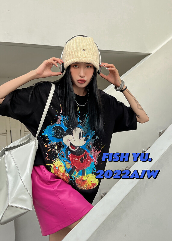 【FISH YU】Wooden ink splashing 3D digital direct injection printing thickened brushed short-sleeved T-shirt 22561