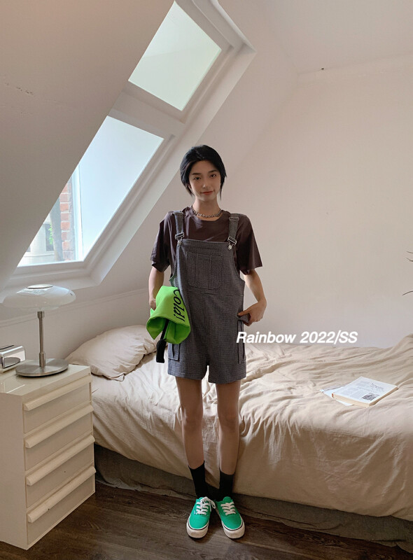 [RAINBOW] Plaid overalls suit suit for age reduction must-have artifact 08305