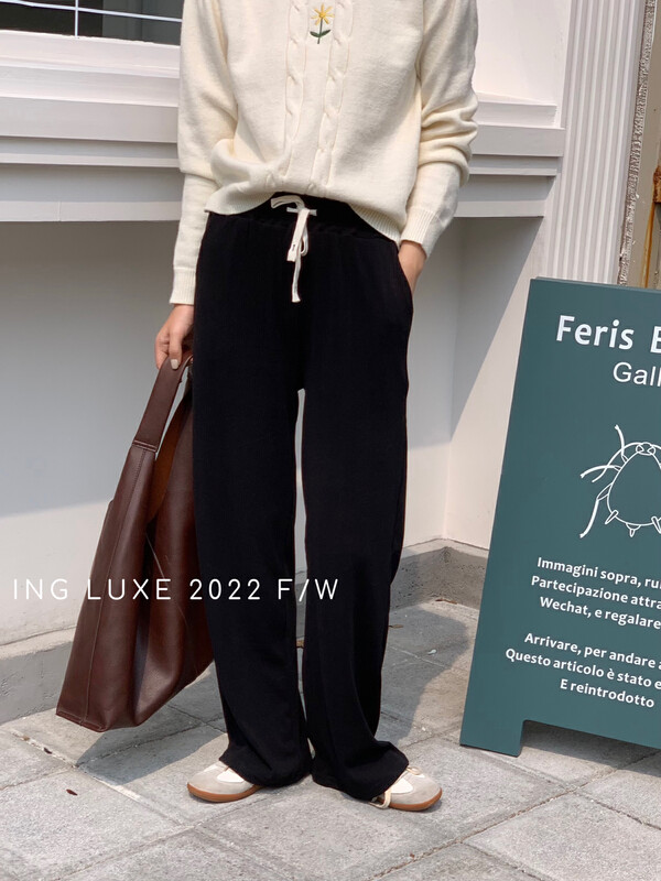【ING】High-waisted slim straight-tube casual pants with contrasting color straps ING-8043