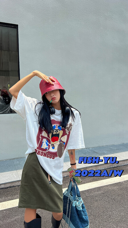 【 FISH YU 】American retro cartoon print washed cotton short-sleeved T-shirt 22577# CQW