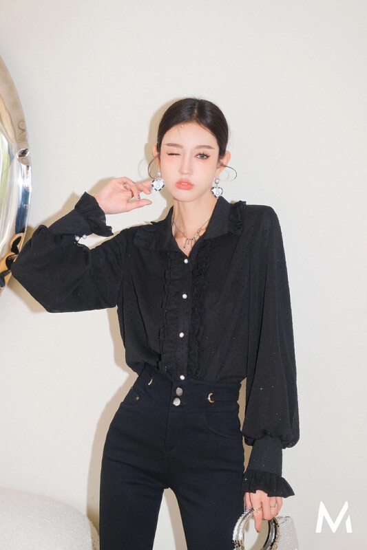 【ALLA EMELIA】Niche Haute Couture Heavy Industry Drilled Lotus Leaf Collar Shirt S2088A# JHY