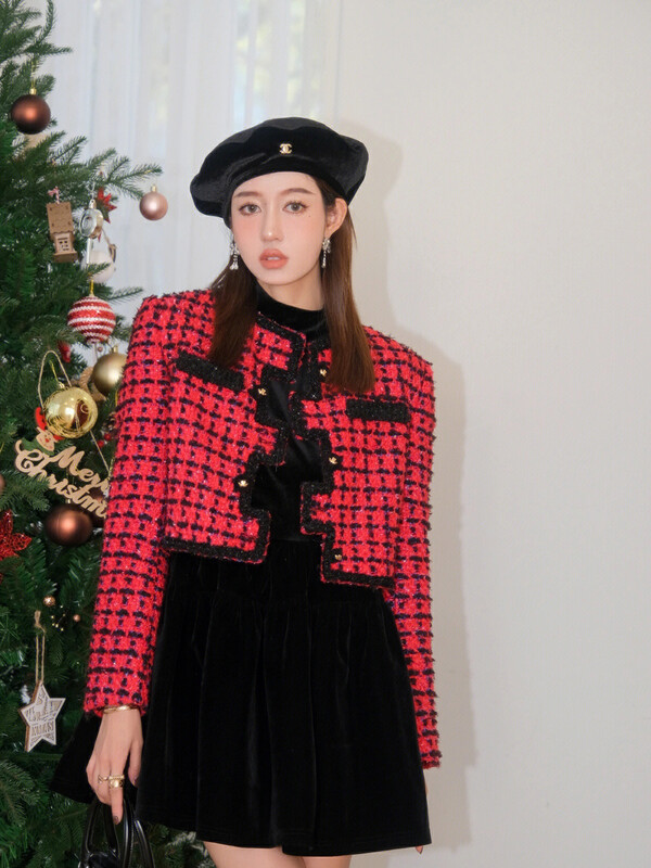 [ALALA EMELIA] Niche Haute Couture Small Fragrant Red Plaid Striped Top Short Jacket S1635