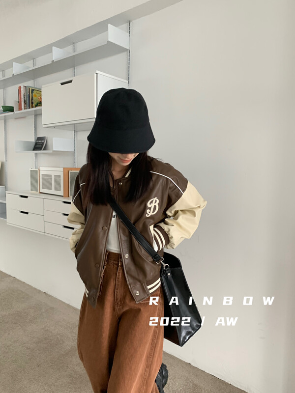 [RAINBOW] Explosive B letter contrast sleeve pu leather short jacket 09129# FHX