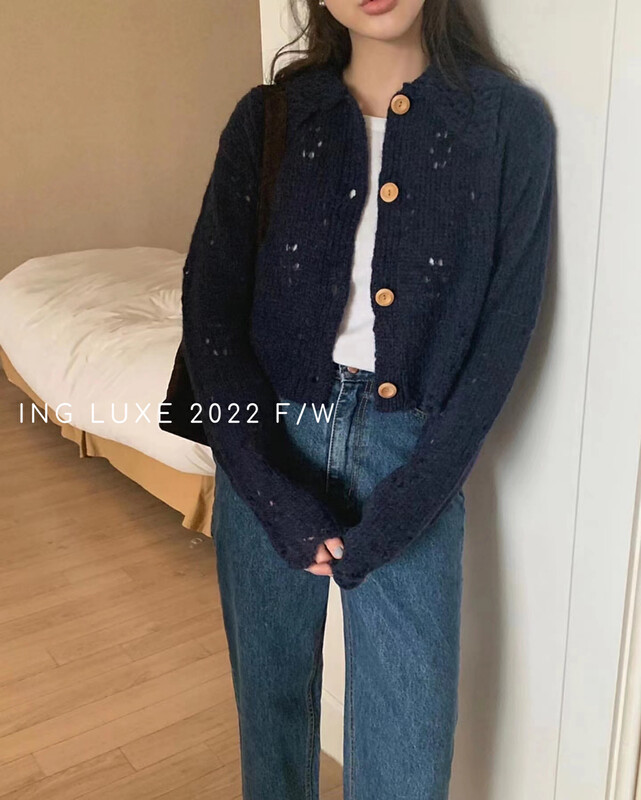 【ING】Korean version of sheep hollow lapel Mori knitted cardigan w3730