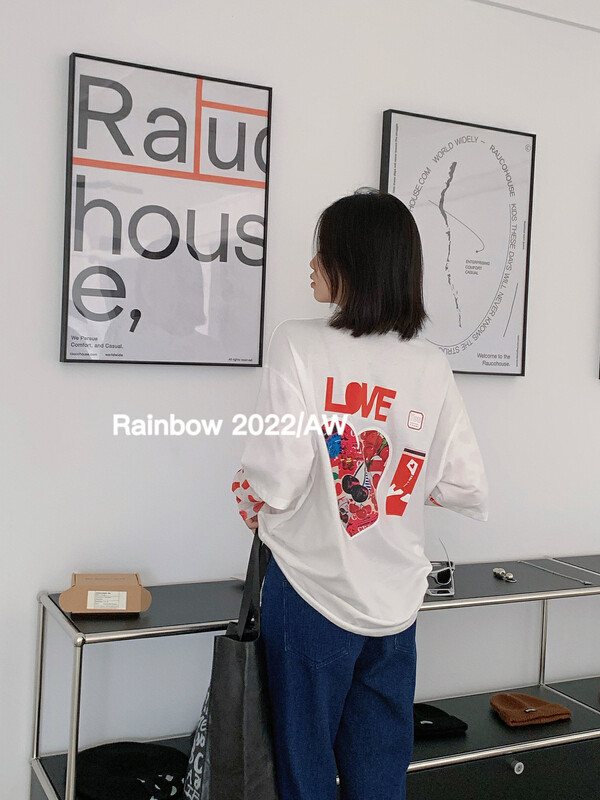 Original price 66.55! [RAINBOW] Explosive Love Stitching Sleeve Valentine's Day Limited Long Sleeve T-Shirt 09111# FHX