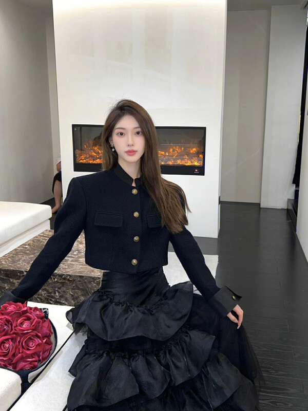 [ALALA EMELIA] Niche Haute Couture Small Fragrance Navy Blue Short Breasted Design Short Jacket S2205